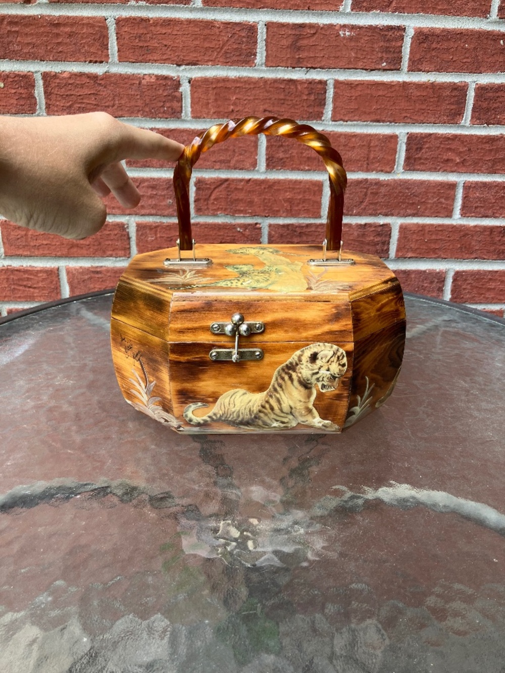 Vtg Anton Pieck Octagon Purse w Lucite Handle MCM Wooden Decoupage Handbag Tiger - Picture 1 of 11